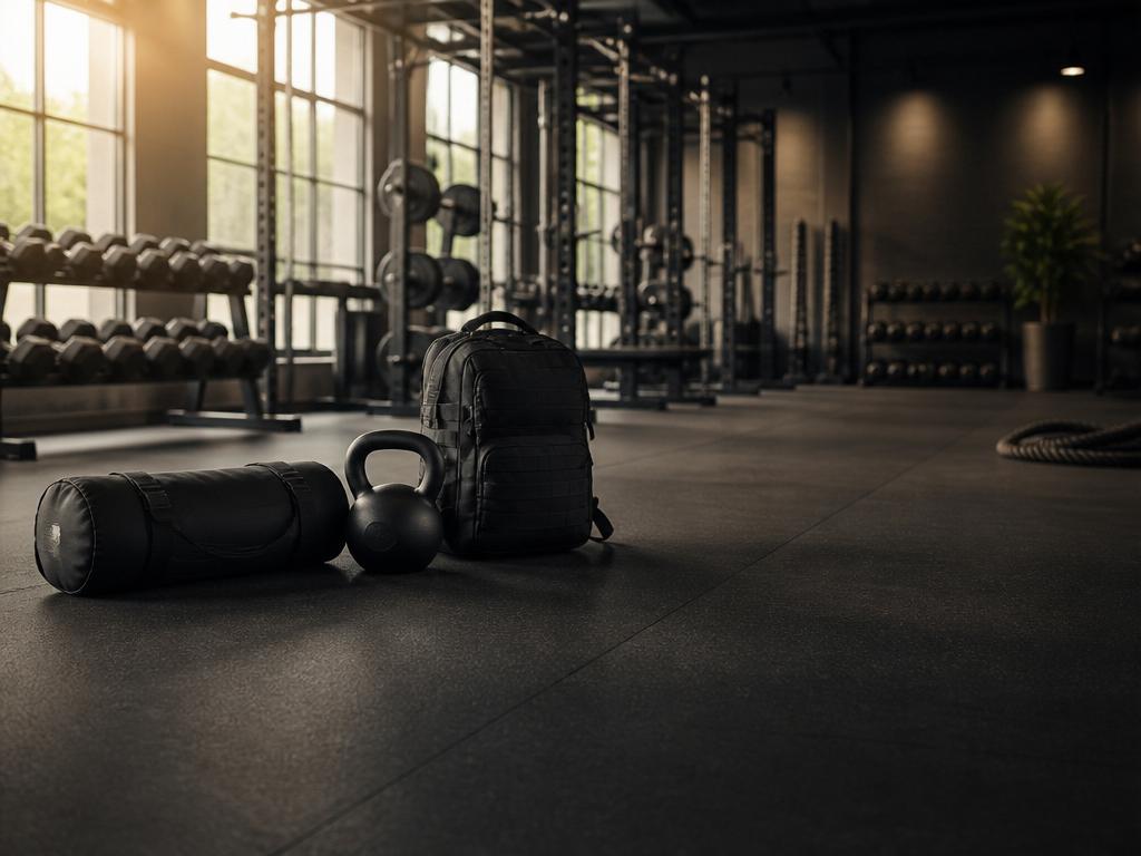Black sandbag, kettlebell, and rucksack on pristine rubber gym flooring in a premium fitness studio